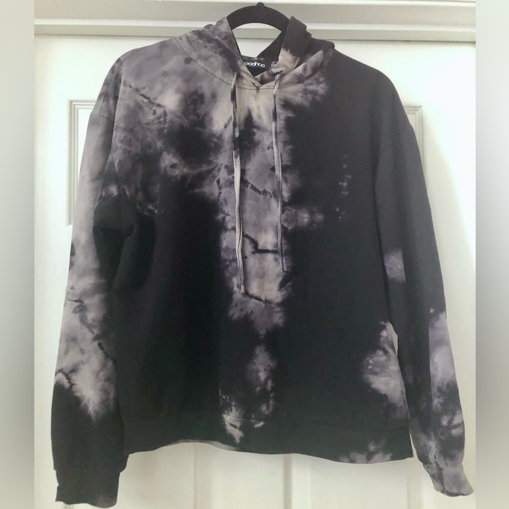 Boohoo Tie Dye Pullover Drawstring Long Sleeve Black Gray Size 8 Hoodie